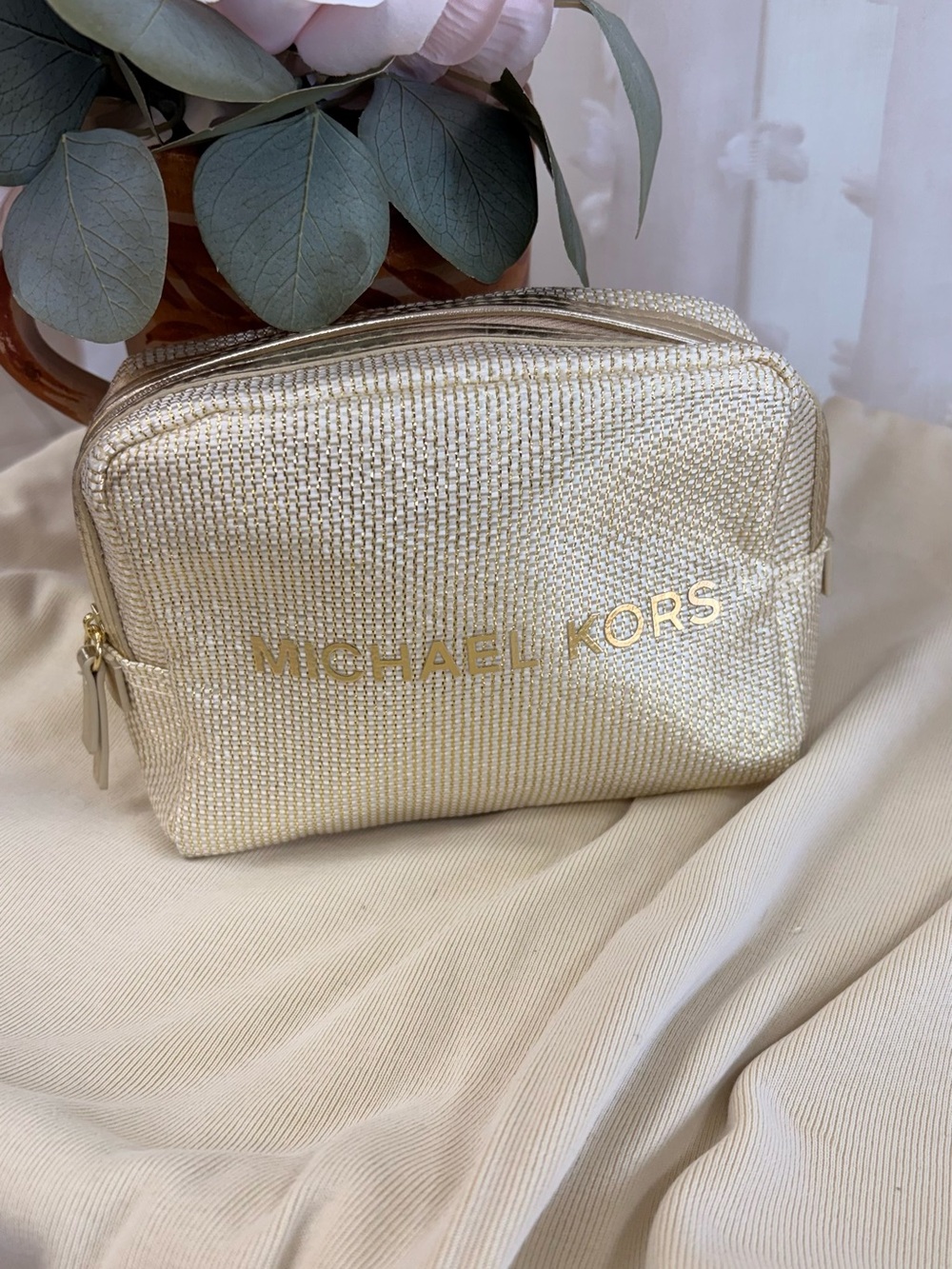 Michael Kors Gold Metallic Woven Cosmetic Pouch